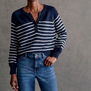 Sezane Leontine Jumper navy/ecru striped sweater with buttons